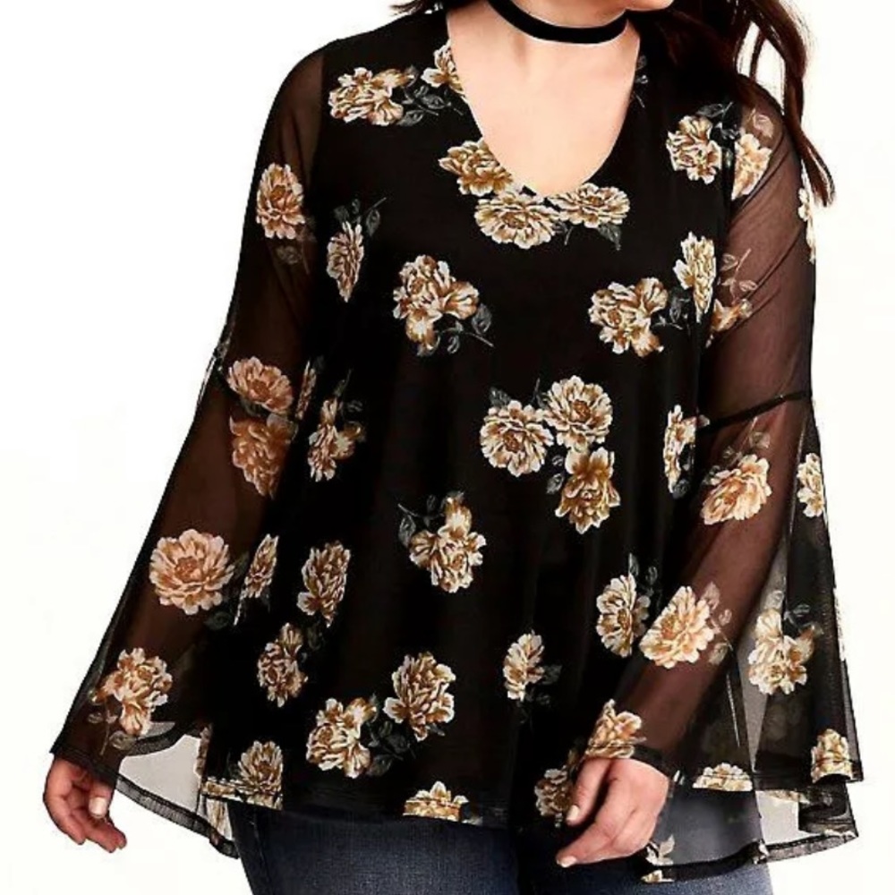 Torrid Black Floral Mesh Top With Bell Sleeves